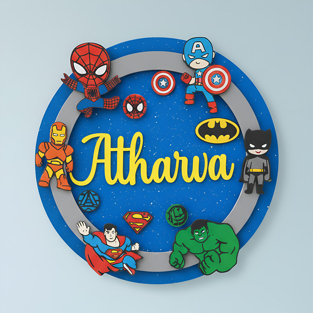 Personalized Hand-Painted Superhero Mdf Wood Kids Name Plate
