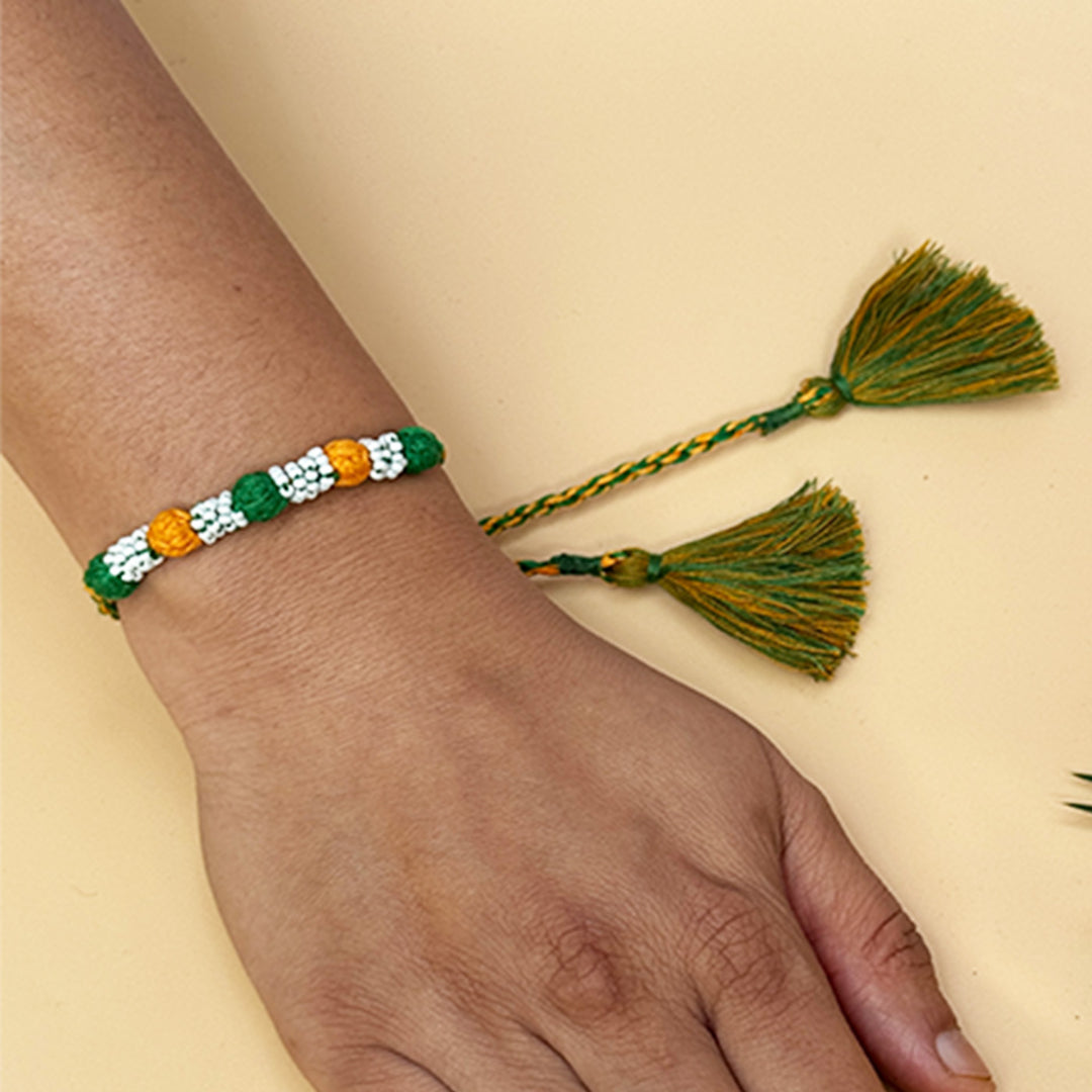 Handmade Reusable Green And Yellow Beaded Patwa Rakhi For Brother