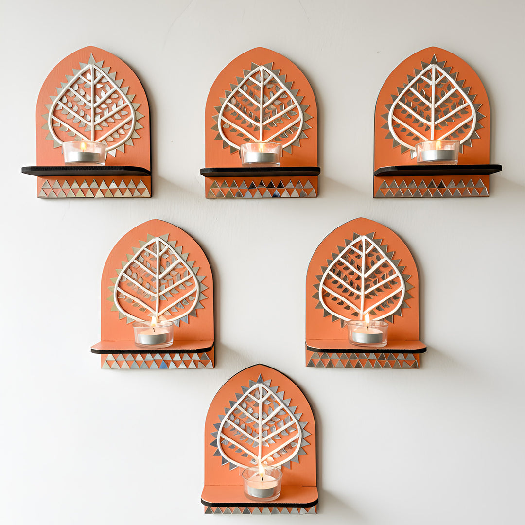 Hand-Painted Mirror Work Leaf Harmony MDF Wood Tealight Holder