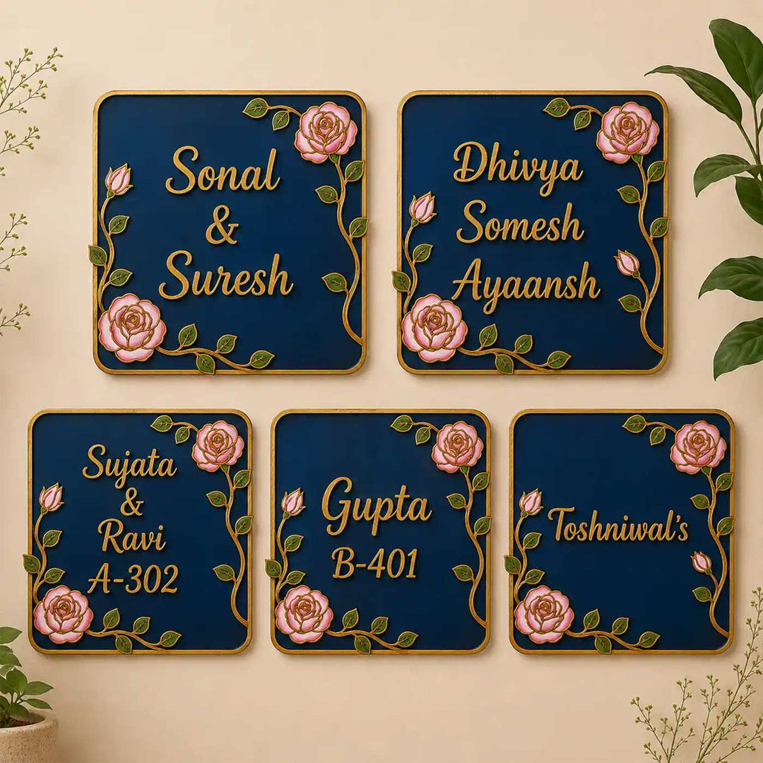"Blooming Roses" Handcrafted Personalized MDF Wood Name Plate For Home