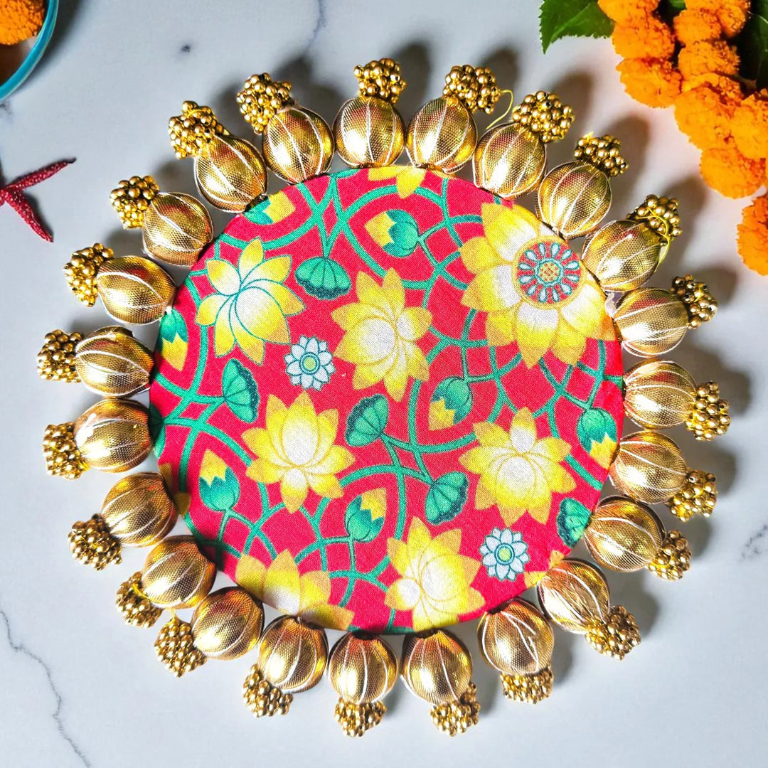 8 Inch | Handmade Gota Patti Round Yellow Lotus Rangoli Mat