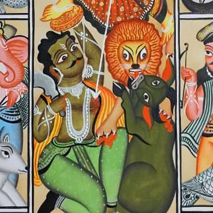14 x 22 Inch | Durga Mahishasura Mardini | Original Hand Painted Kalighat Painting | Natural Colors On Paper