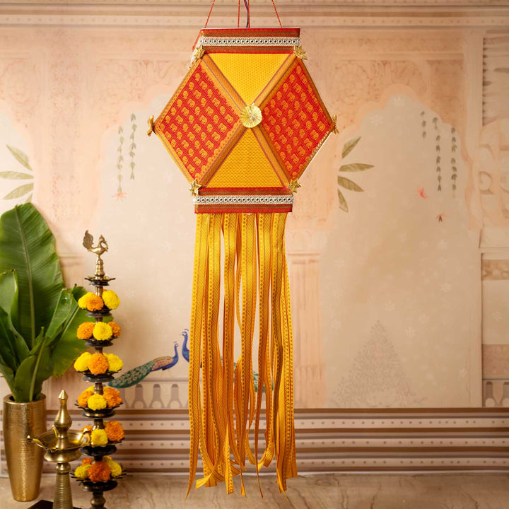Handmade Decorative Red & Yellow Premium Khun Fabric Akash Kandil/Lantern