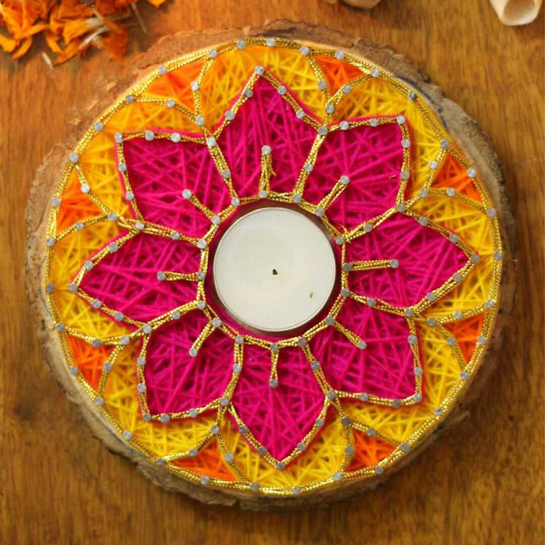 Handmade String Art Pink And Yellow Flower Design Mdf Wood Tealight Holder