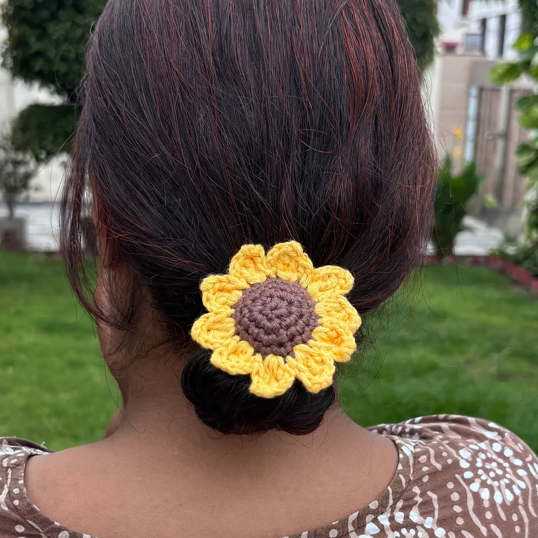 Handmade Crochet Sunflower Design Cotton Hair Tie