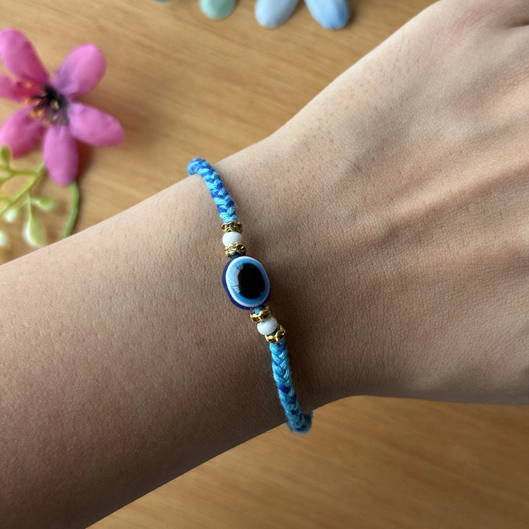 Handmade Beaded Evil Eye Rakhi With Roli Chawal - Worn on Wrist