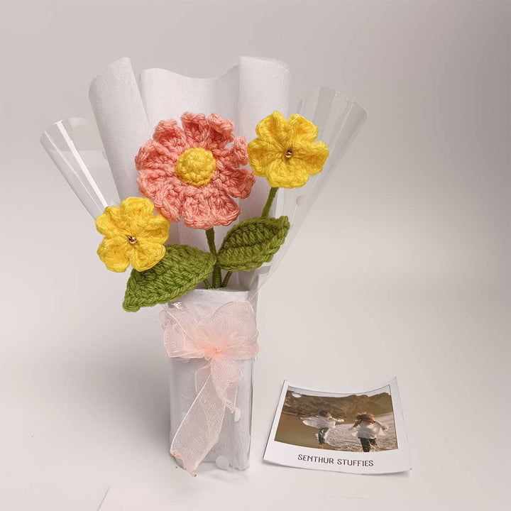 Handmade Crochet Peach & Yellow Mini Flower Bouquet | Includes Photo & Greeting Card