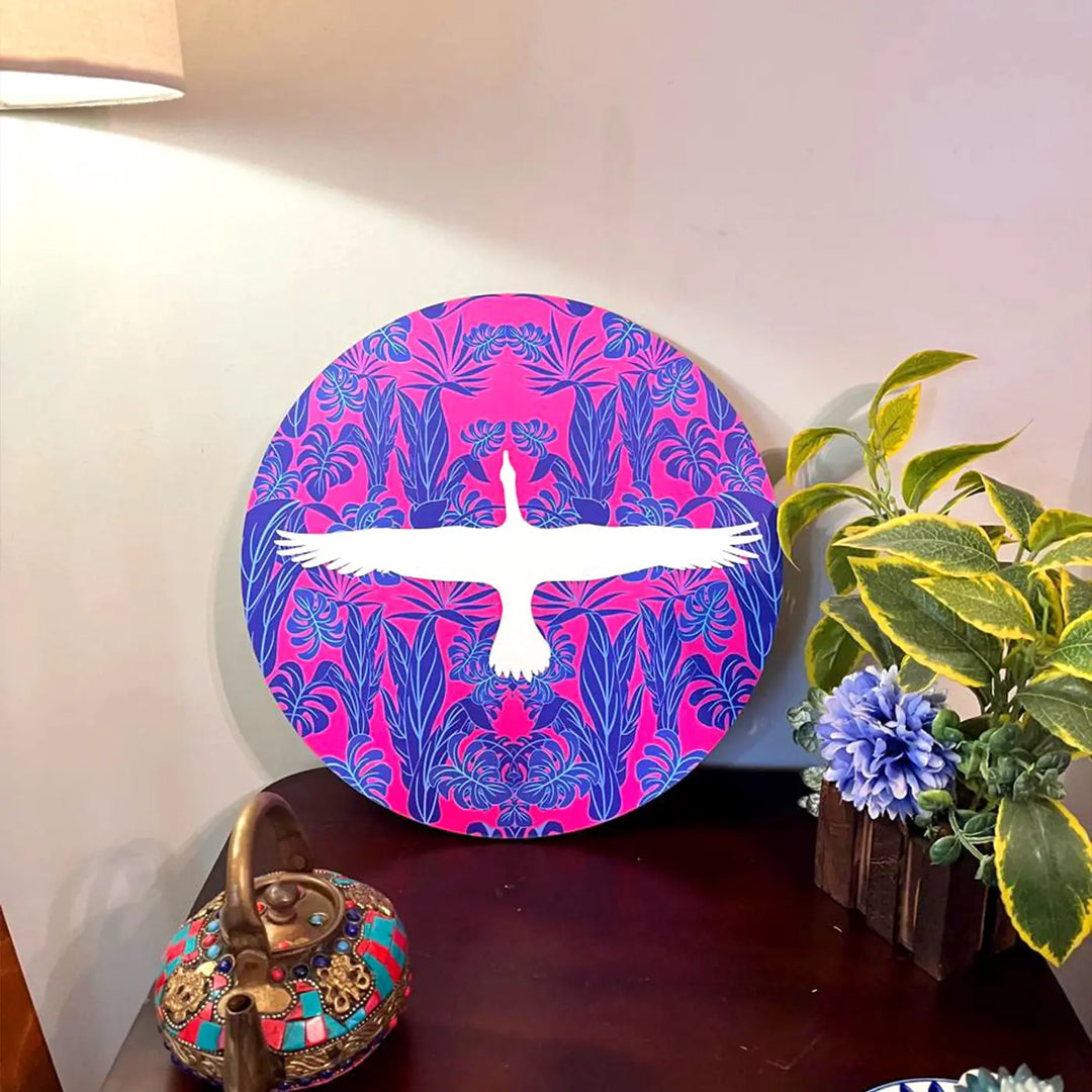 Printed Round White Bird Theme MDF Wood Wall Decor