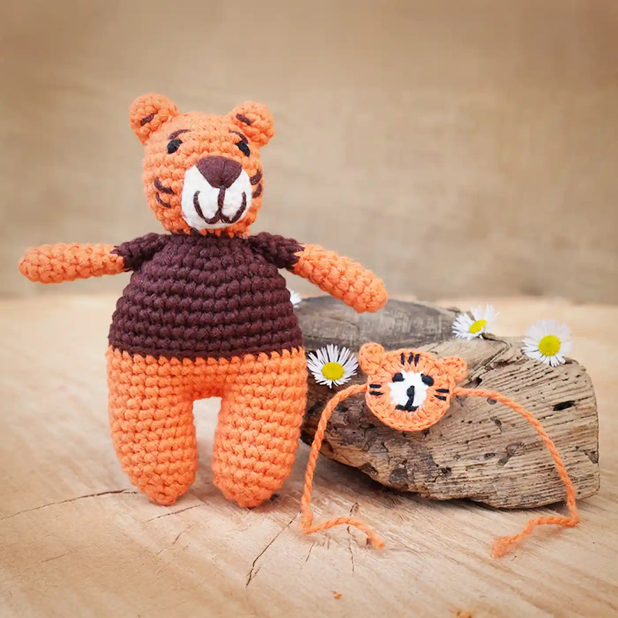 Handmade Crochet Tiger Theme Kids Rakhi And Toy Combo With Roli Chawal Set Of 2 - Front View with Accessories