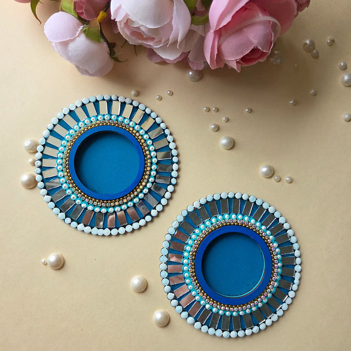 Hand-Painted Mirror Work Round MDF Wood Tealight Holder | Set Of 2