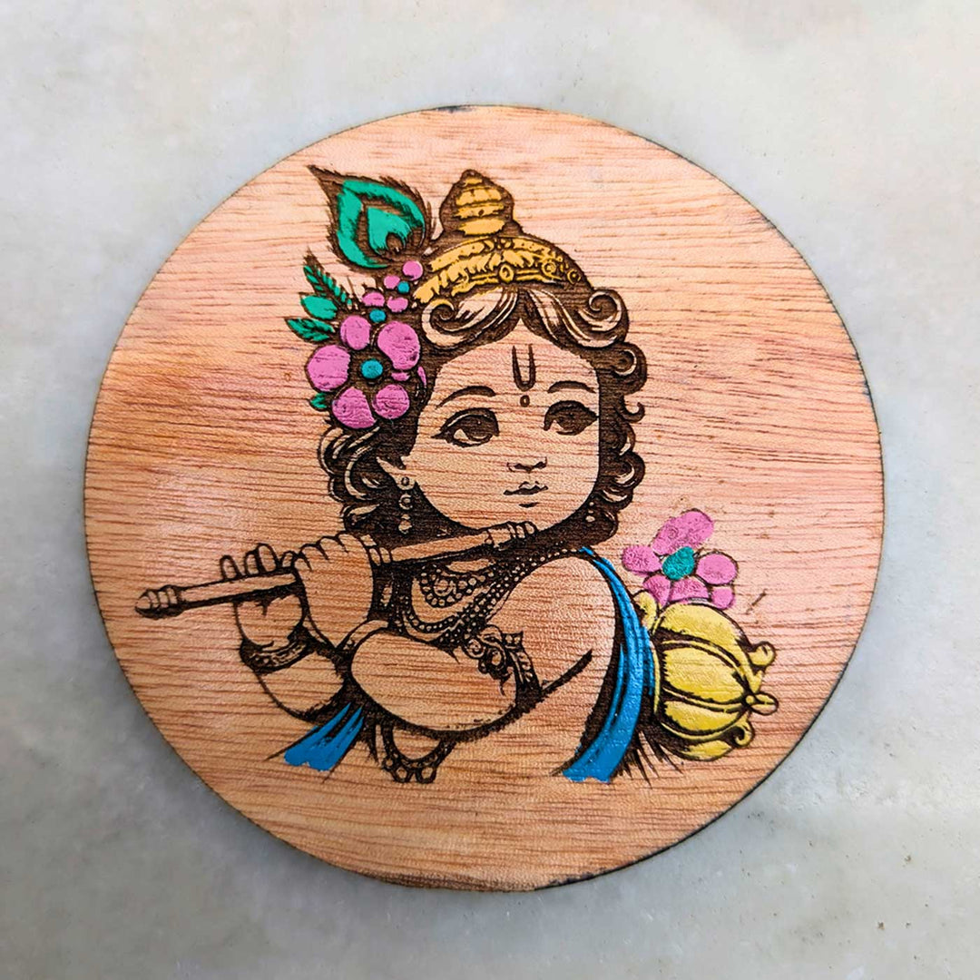 Engraved & Hand-Painted Flute Krishna Mahogany Wood Fridge Magnet
