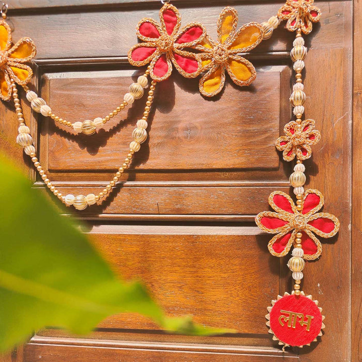 3 Pc | Handmade Lakshmi Phool Floral Banderwal Toran with Pearl Swags & Shubh Labh Hangings