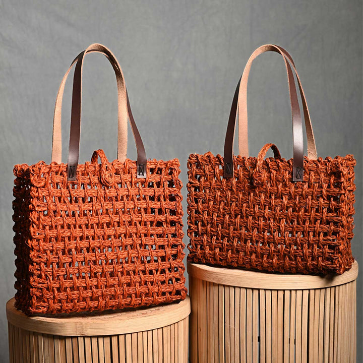 Handmade Grass Woven Leather Strap Box Shaped Sabai Mesh Tote Bag