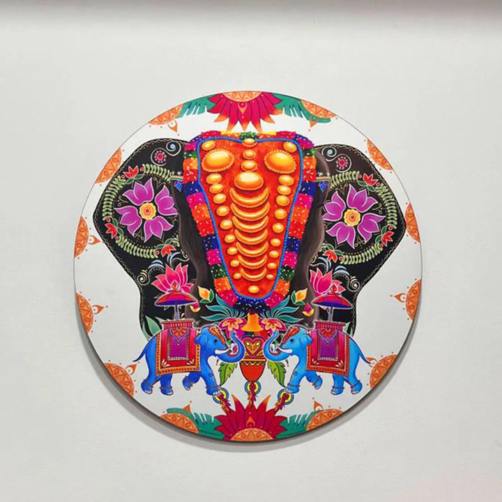 Printed Round Floral Elephant Theme MDF Wood Wall Decor