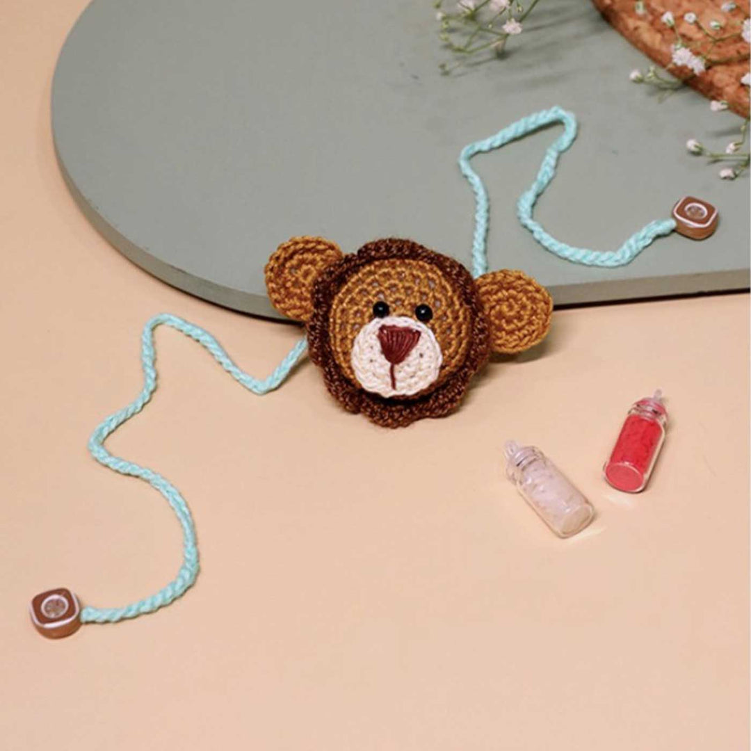 Handmade Crochet Lion Cub Kids Lumba Rakhi With Roli Chawal - Extended Length Display