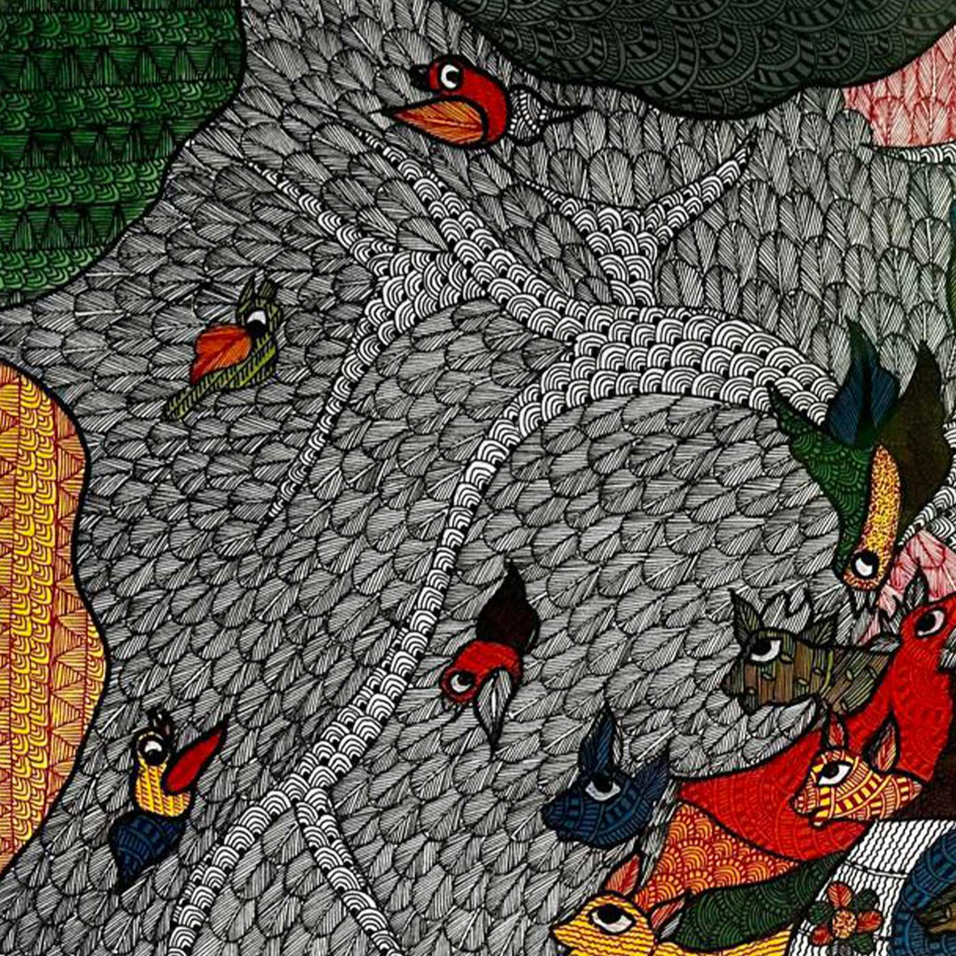 15 x 22 Inch | Nature’s Chorus | Original Hand Painted Tribal Gond Art Painting | Acrylic Paints On Paper