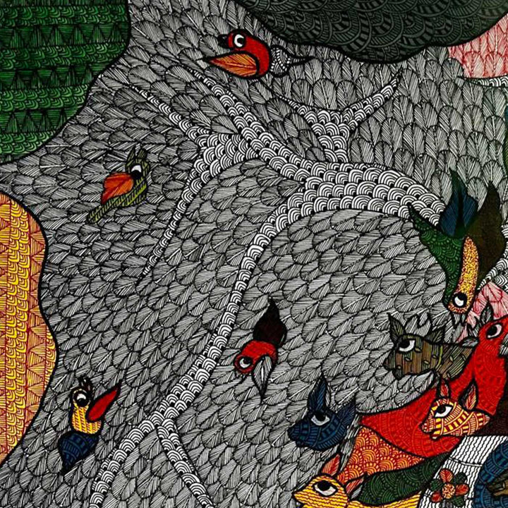 15 x 22 Inch | Nature’s Chorus | Original Hand Painted Tribal Gond Art Painting | Acrylic Paints On Paper