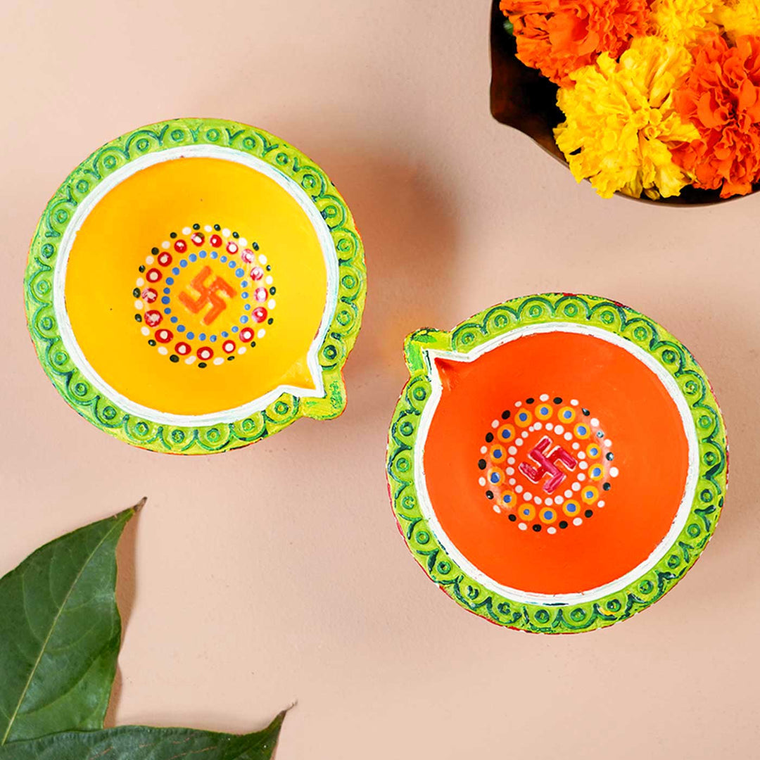 Set of 8 | Handmade Big Round Clay Oil Lamp / Diya