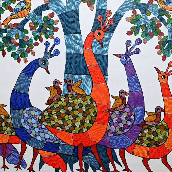 15 x 22 Inch | Under the Tree of Life | Original Hand Painted Tribal Gond Art Painting | Acrylic Paints On Canvas