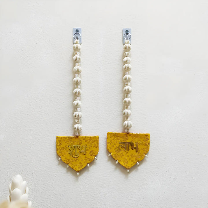 Handmade Reversible Pink & Yellow Brocade Shubh Labh Hangings | Set Of 2