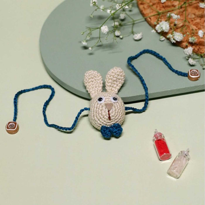 Handmade Crochet Hunny Bunny Kids Lumba Rakhi With Roli Chawal - Front View (2)