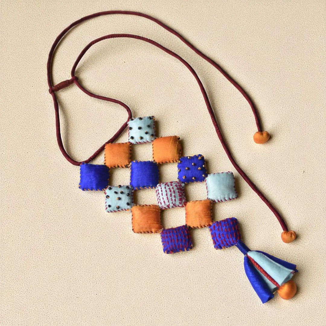Handmade Textile Art Diamond Shaped Dupion Silk Fabric Necklace