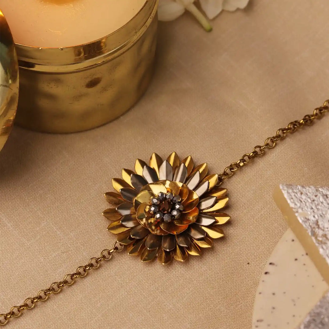 Handmade Blooming Lotus Floral Metal Bracelet Rakhi With Roli Chawal