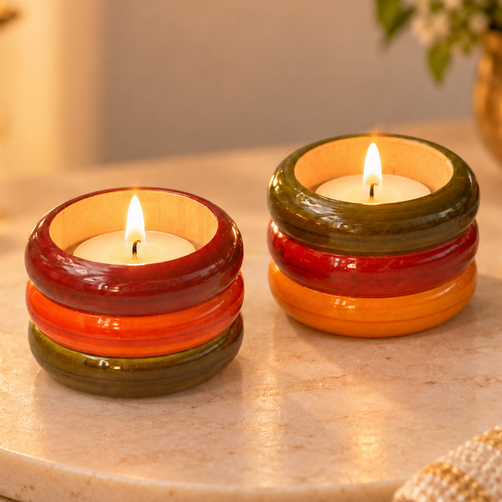 Set of 2 | "Three-Ringed" Etikoppaka Wooden Tealight Holders With Tealights For Festive Decor