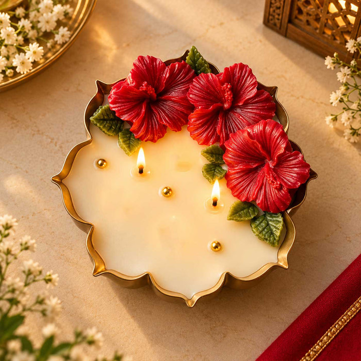 Handmade Hibiscus Flower Lotus-Shaped Soy Wax Urli Candle With Rose Fragrance