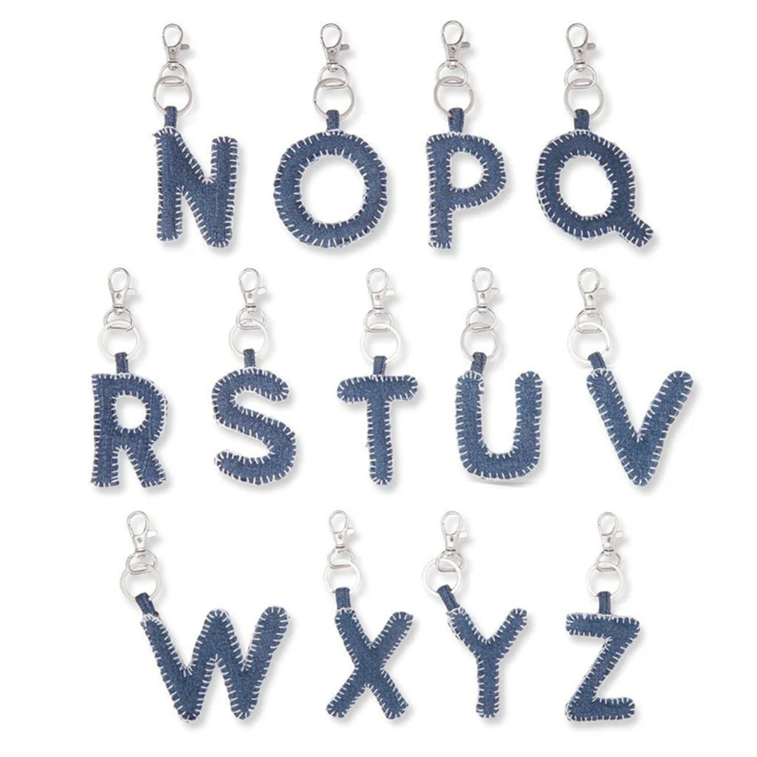 Hand Embroidered Upcycled Jeans Fabric Alphabet Charm Keychain