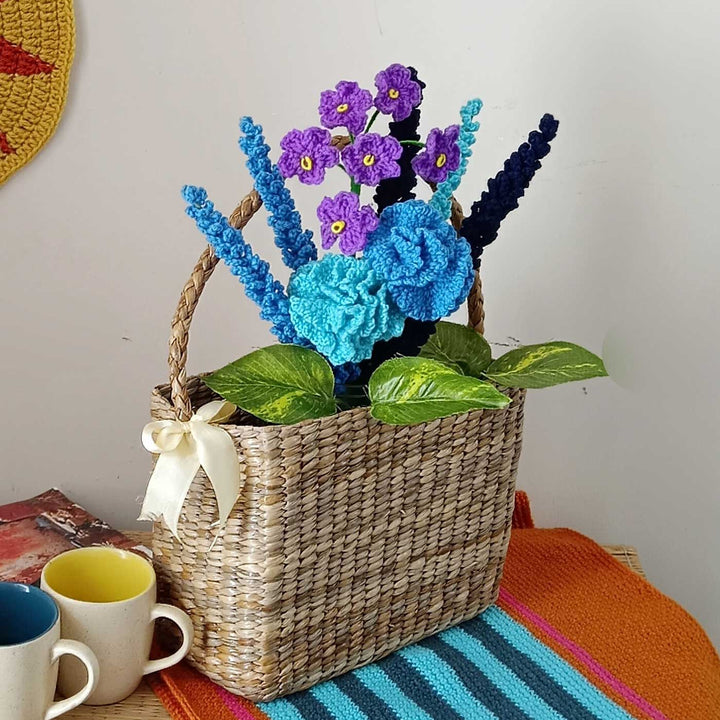 Handmade Crochet Serene Blue Theme Flower Bouquet WIth Lights