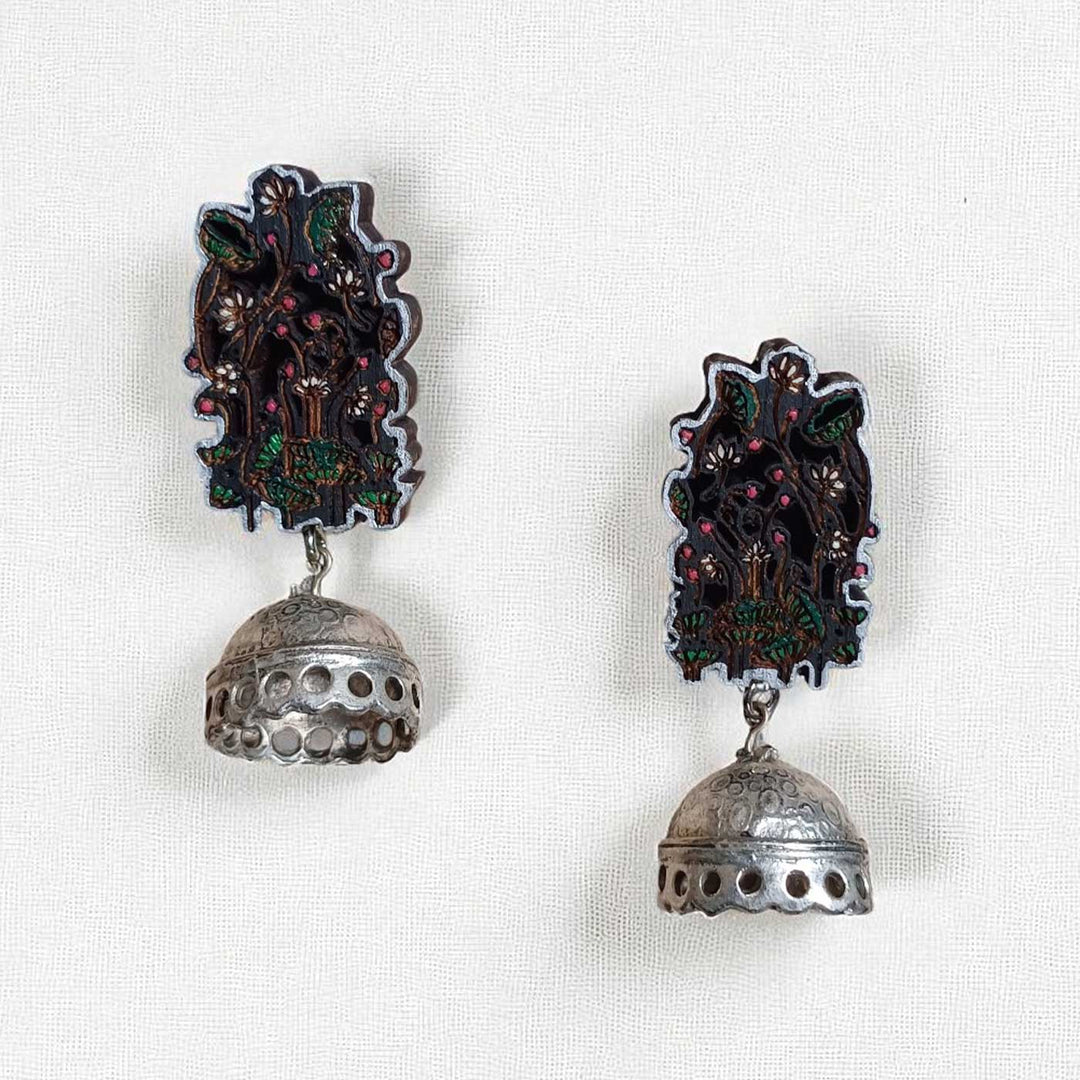 Handmade Black Floral Design Wooden Earrings