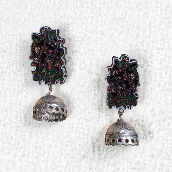 Handmade Black Floral Design Wooden Earrings