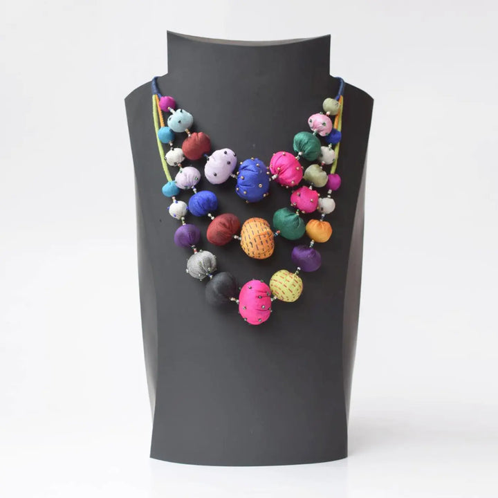 Handmade Textile Art Multicolor Pebble Design Dupion Silk Fabric Necklace