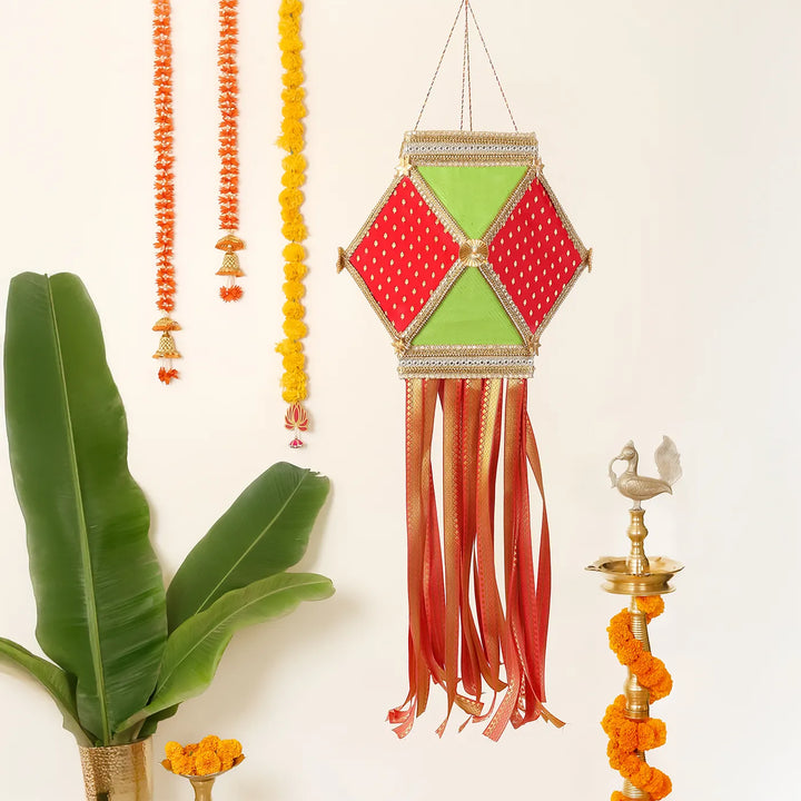 Handmade Decorative Maanik Premium Silk Akash Kandil/ Lantern With Zari Work