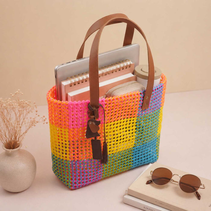 Handmade Vibrant Multicolor Checkered Wire Koodai Tote Bag
