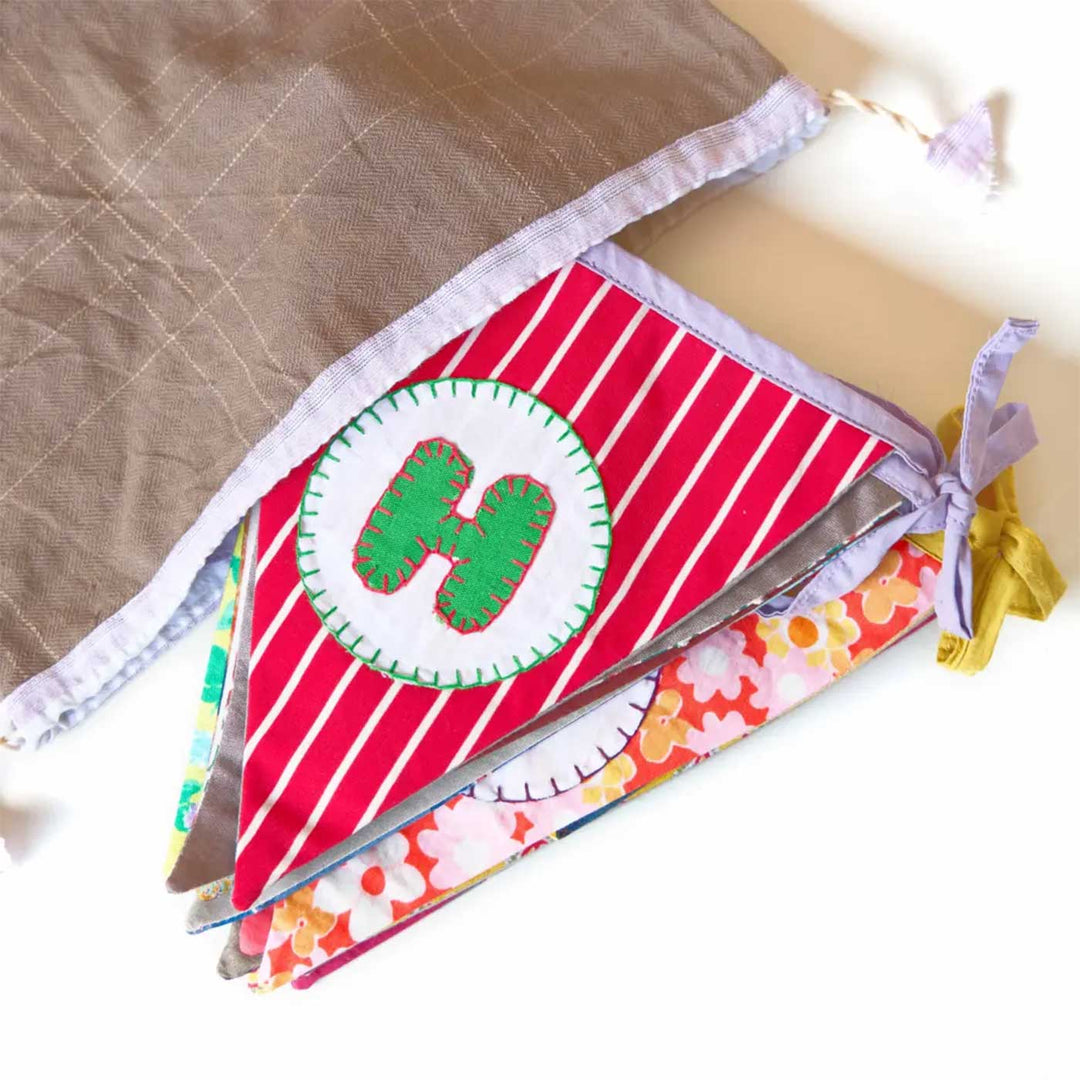 Handmade Multicolored Triangular "Happy Birthday" Upcycled Fabric Bunting
