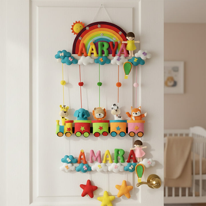 Personalized Handmade Animal Train Theme Felt Kids Name Plate For Siblings