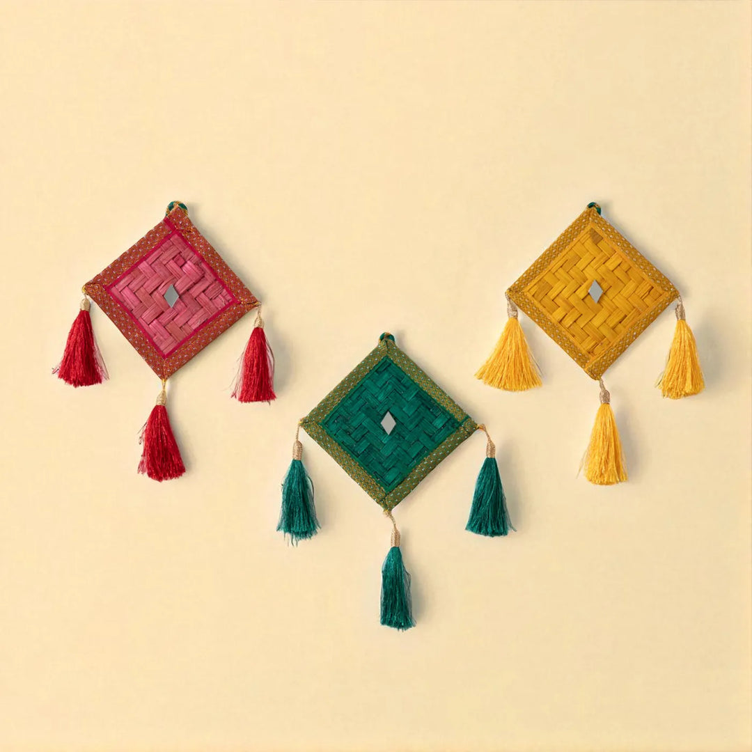 Kite Mirror Embellished Eco-Friendly Handmade Woven Bamboo Hanging | 6 x 2 Inch | Set Of 3