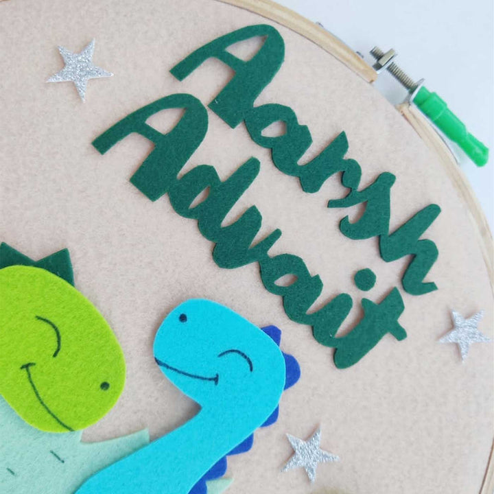 Personalized Handmade Dino Theme Felt Hoop Name Plate - Close-up of Name Personalization