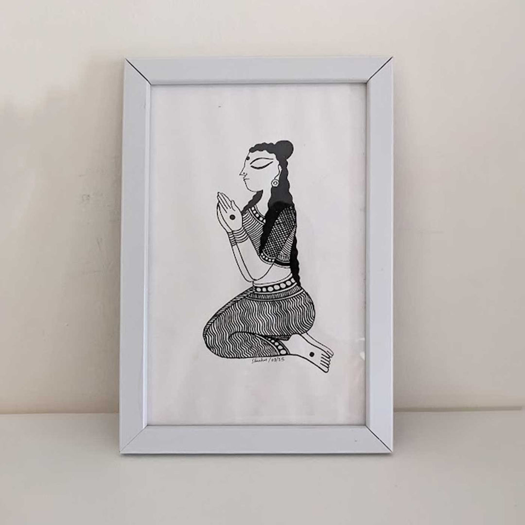 6 x 9 Inch | Namaskar Yoga Pose | Minimalist Black & White Mudhubani Style Line Drawing With Frame