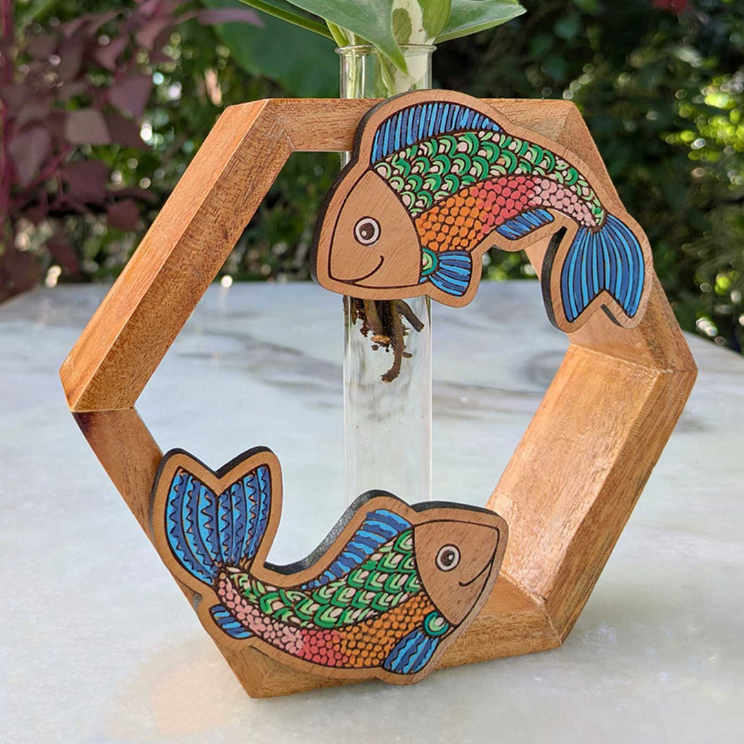 Hand-Painted Fish Wooden Hexagon Test Tube Planter For Home Decor