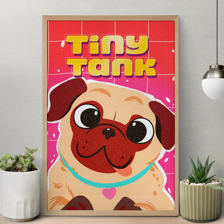 Pug Tiny Tank Quirky Comic Style Printed Wall Art | 13x19 Inch | Unframed