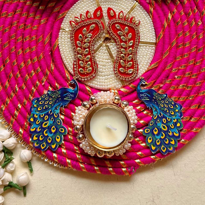 Handmade Laxmi Charan Reusable Peacock & Peony Flower MDF Rangoli With Tealight For Festive Decor