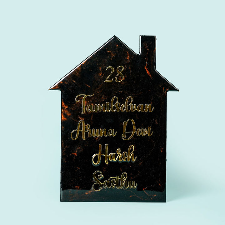 Handmade Resin Black & Gold House Shaped Marbled Name Plate