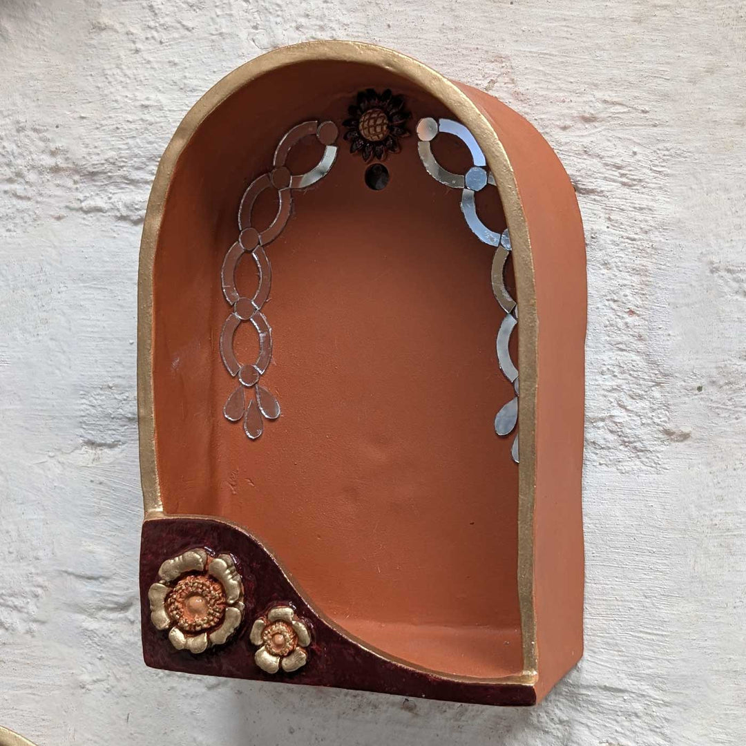 Hand-Painted "MittiBloom" Arch Floral Terracotta Wall Decor Tealight Holder With Mirror Work For Festive Decor