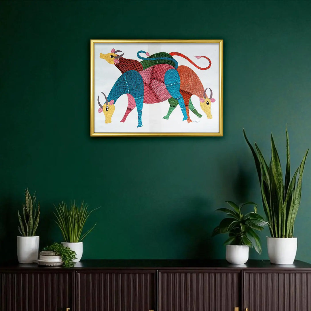 15 x 22 Inch | Group of Cows | Original Hand Painted Tribal Gond Art Painting | Acrylic Paints On Paper