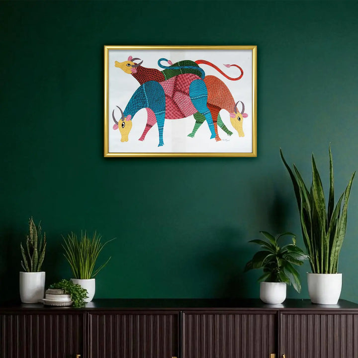 15 x 22 Inch | Group of Cows | Original Hand Painted Tribal Gond Art Painting | Acrylic Paints On Paper