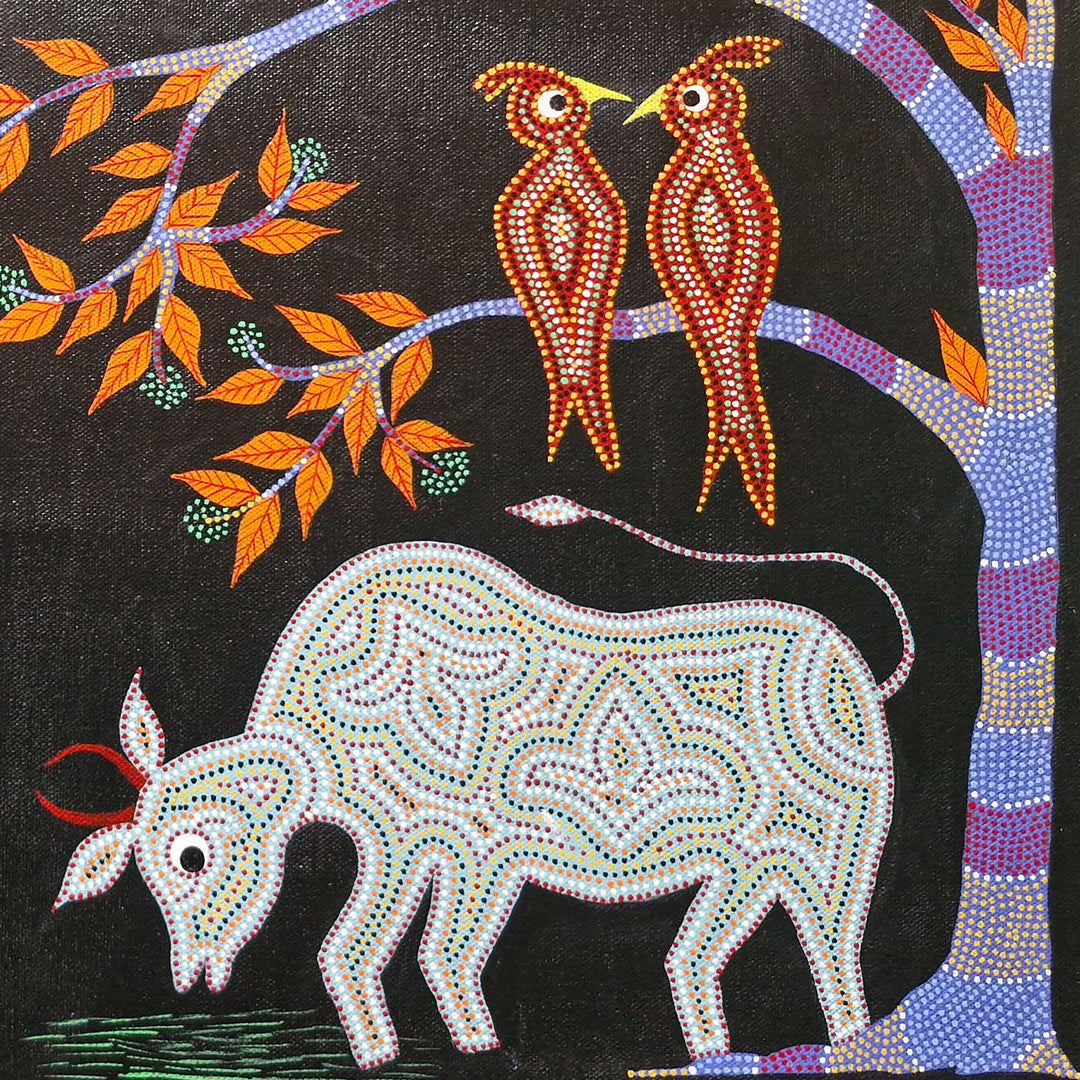 18 x 30 Inch | Cow Family | Original Hand Painted Bhill Painting | Acrylic Paints On Canvas