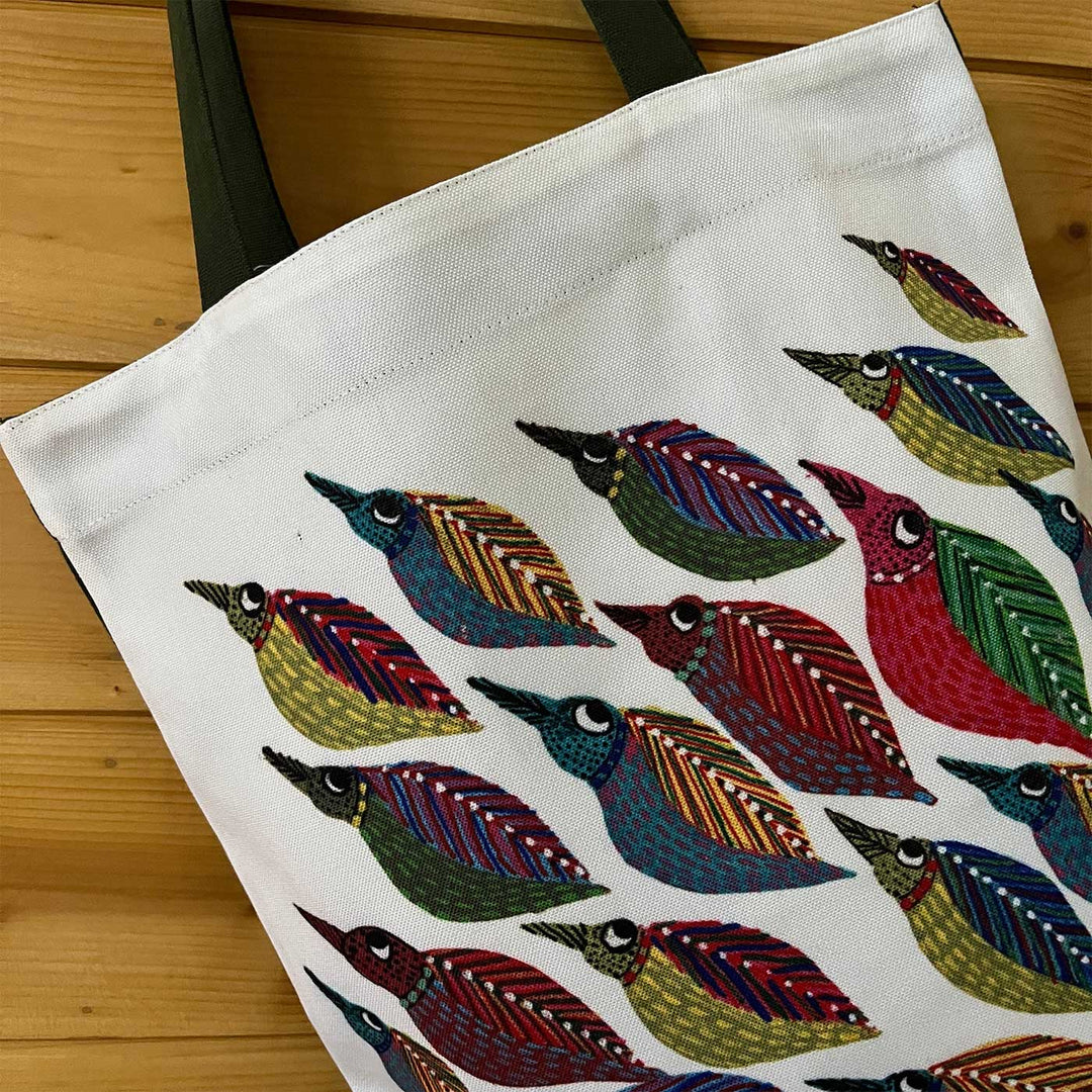 Hand-Painted Gond Art Folk Bird Harmony Canvas Tote Bag